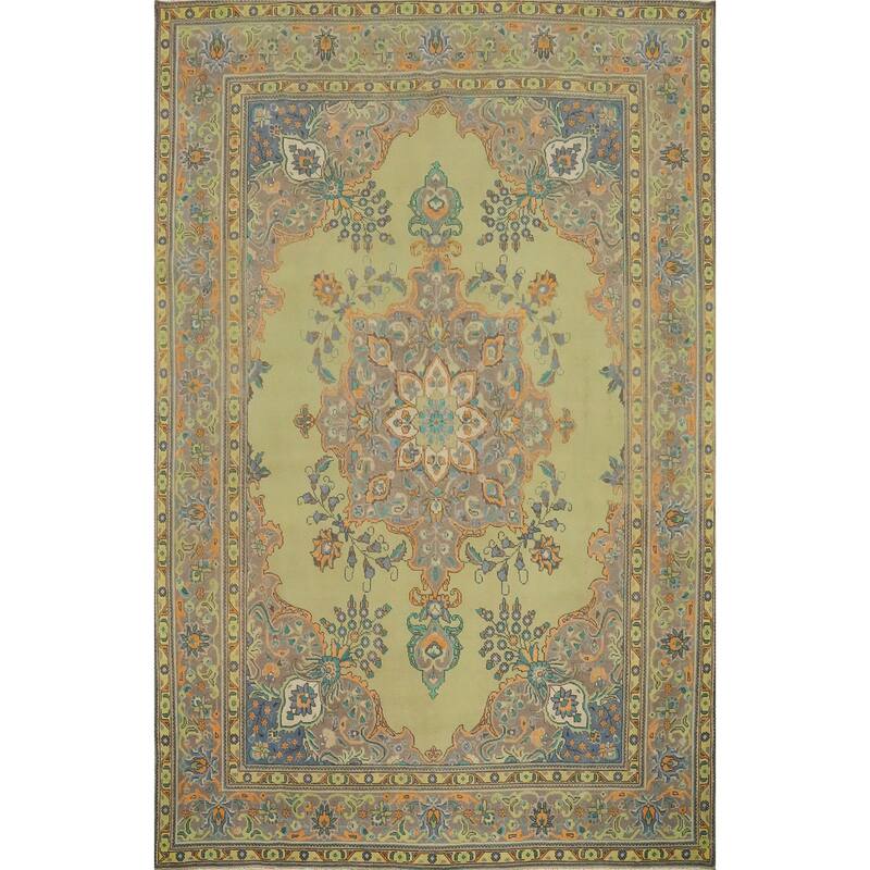 Hand Knotted Oriental 100% Wool Carpet Traditional Floral Green Tabriz Area Rug - 12' 4'' X 9' 5''