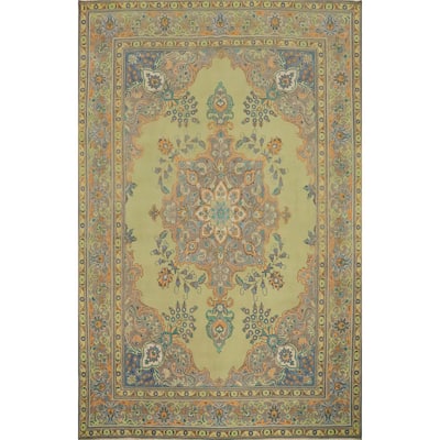 Hand Knotted Oriental 100% Wool Carpet Traditional Floral Green Tabriz Area Rug - 12' 4'' X 9' 5''