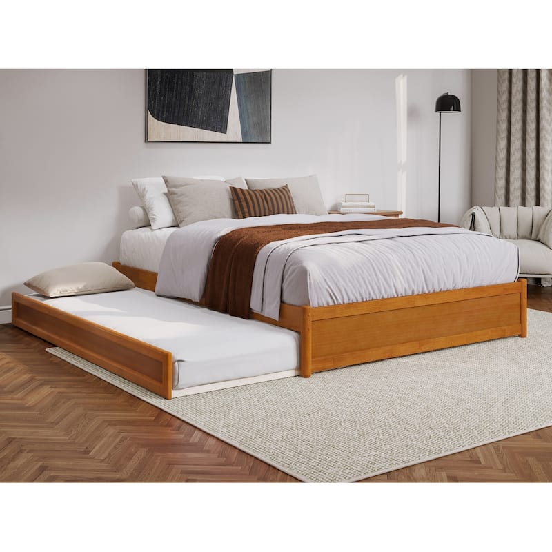 Barcelona Panel Platform Bed with Twin XL Trundle - Light Toffee - Queen
