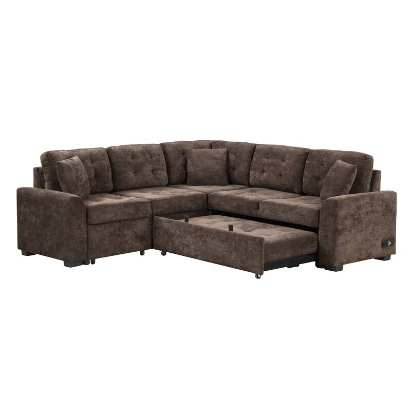 82.6" Velvet L-Shape 4-Seat Sectional Sleeper Sofa with USB Ports, Power Sockets and Wheels