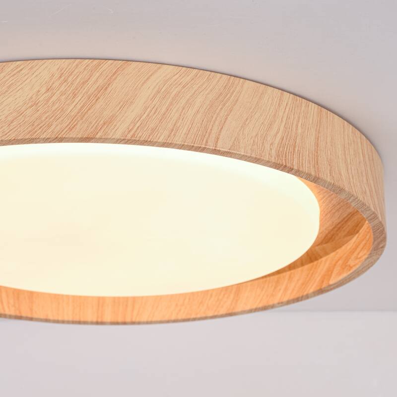19.7" W Modern Minimalist Round Circle Integrated LED Flush Mount Ceiling Light with Wood Grain Finish
