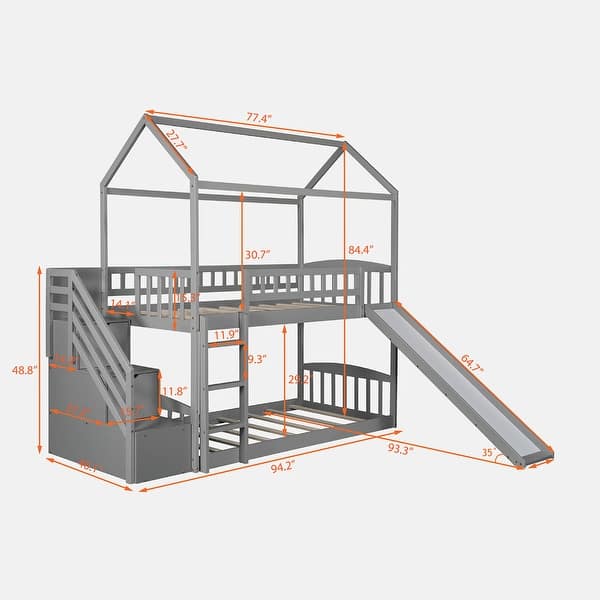 dimension image slide 0 of 3, Twin Over Twin Bunk Bed with Slide, House Bed with Slide