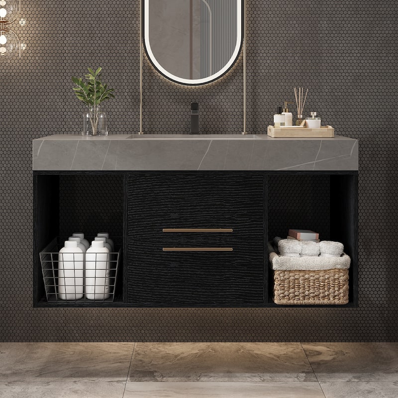 GDFStudio - Modern 39.4" Wall Mounted Floating Sintered Stone Bathroom Vanity with Seamless Ceramic Sink & Soft-Close Drawers - Black Cabinet - Grey Sink