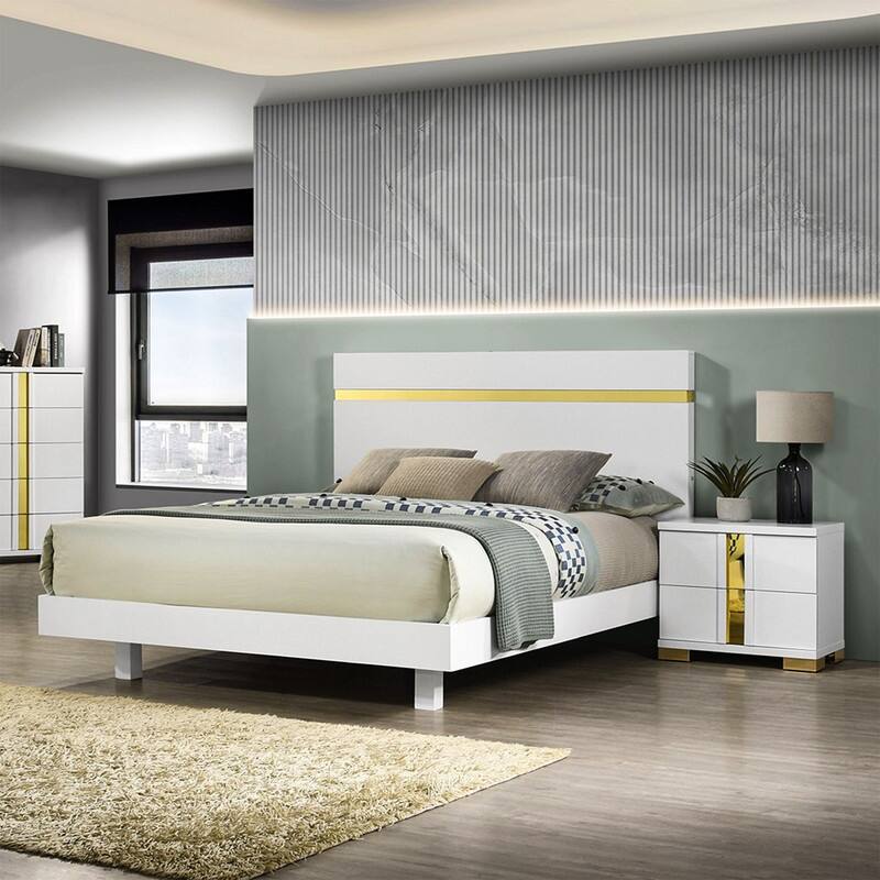 2/3/4-Pc Bedroom Sets Twin/Queen White Platform Bed w/LED/Nightstands/Ottoman/Headboard - Sherpa/High Gloss/Retro/Wood/Acrylic - 3 Piece - Queen - White