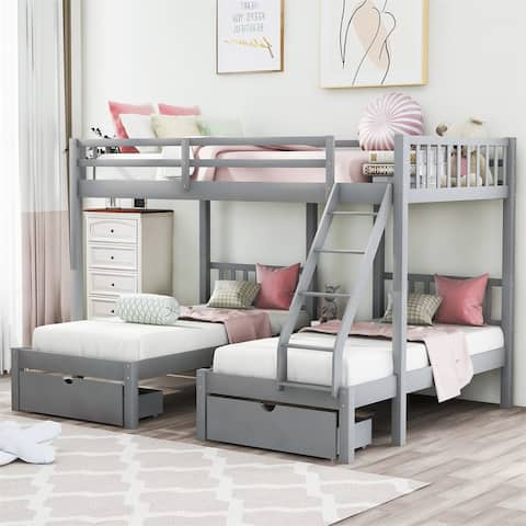 Merax Full Over Twin & Twin Bunk Bed, Wood Triple Bunk Bed with Drawers and Guardrails