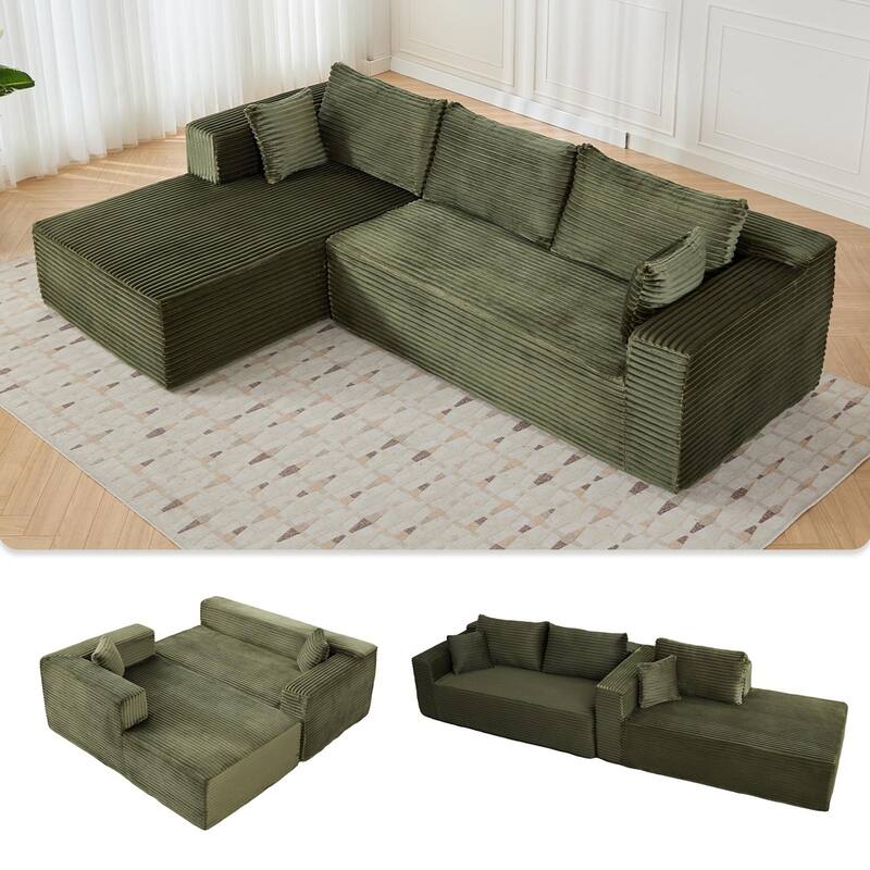 Modular L Shaped Sectional Sofa with Chaise Lounge, Corduroy Upholstered Boneless Sleeper Sofa, Compression Sofa with Deep Seat - Green