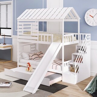 Twin Over Twin House Bunk Bed with Trundle, Slide, Staircase, Roof & Window