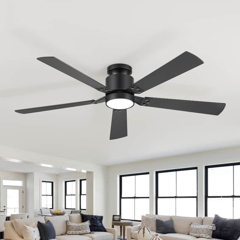 52-Inch Matte Black Flush Mount Ceiling Fan with RGB LED Light and Remote