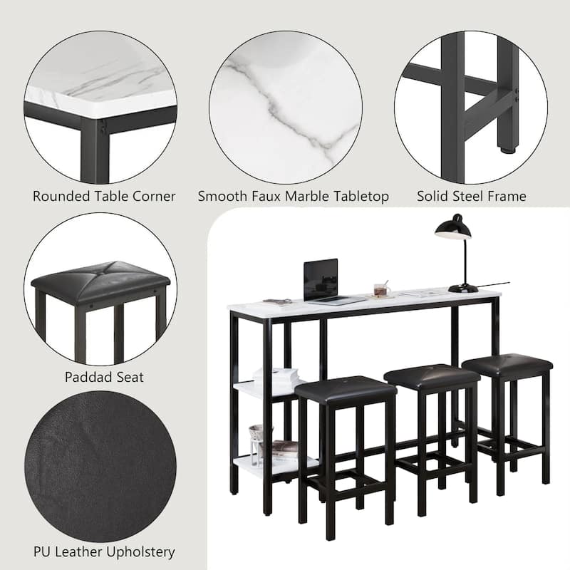 3-People Counter Heihgt Dining Set w/Storage, 4 Piece Kitchen Bar Table Set w/3 Upholstered Stools