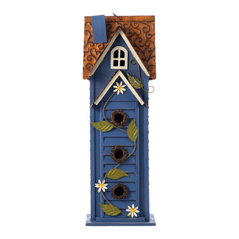 Glitzhome 24.25"H Oversized Washed Blue or White 3-Tiered Solid Wood Villa Decorative Outdoor Garden Birdhouse