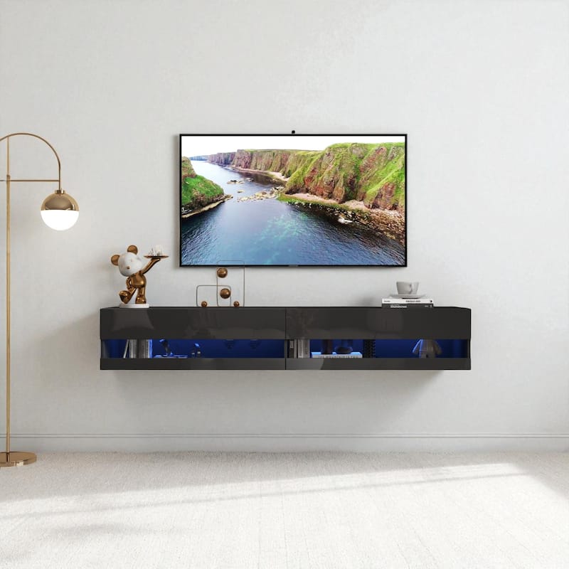 Wall Mounted Floating 80" TV Stand with LED Lights & Charging Station, Modern Media Console with Storage