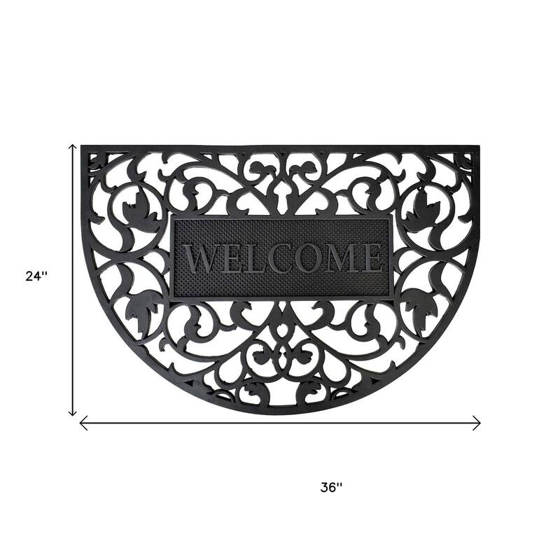 HomeRoots 24" X 36" Black Scrollwork Welcome Semi Circle Outdoor Rubber Door Mat - 24' X '36