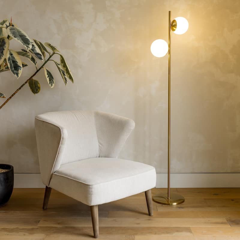 Brightech Sphere 65 in. Antique Brass Modern 2-Light LED Super Bright Floor Lamp with 2 Frosted White Glass Globe Shades