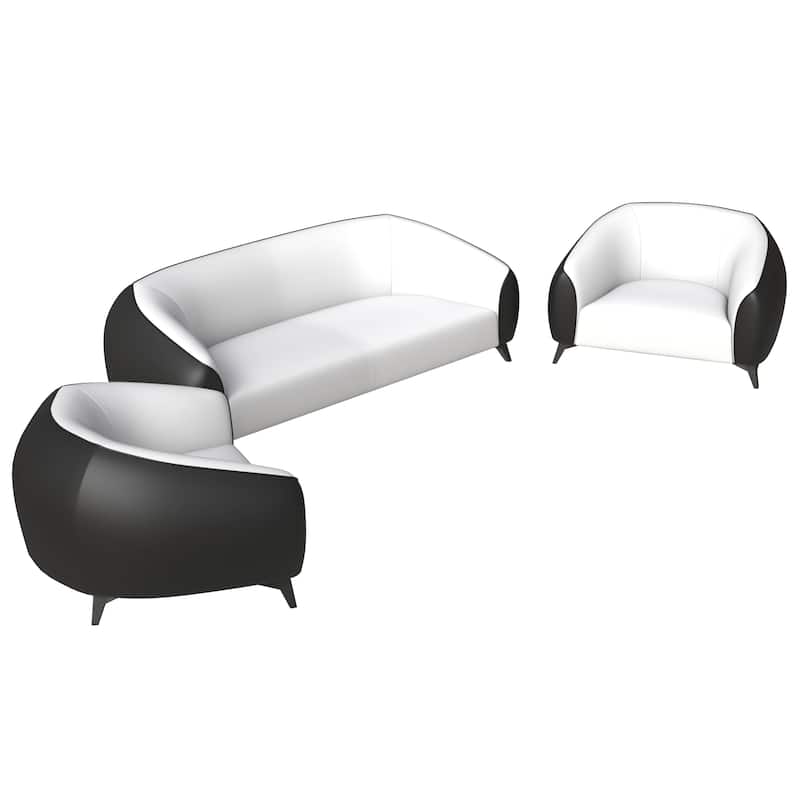 3-Piece Sofa Set Upholstered PU Leather with Solid Wood Frame and Steel Legs Opula Series by LeisureMod - Black/White