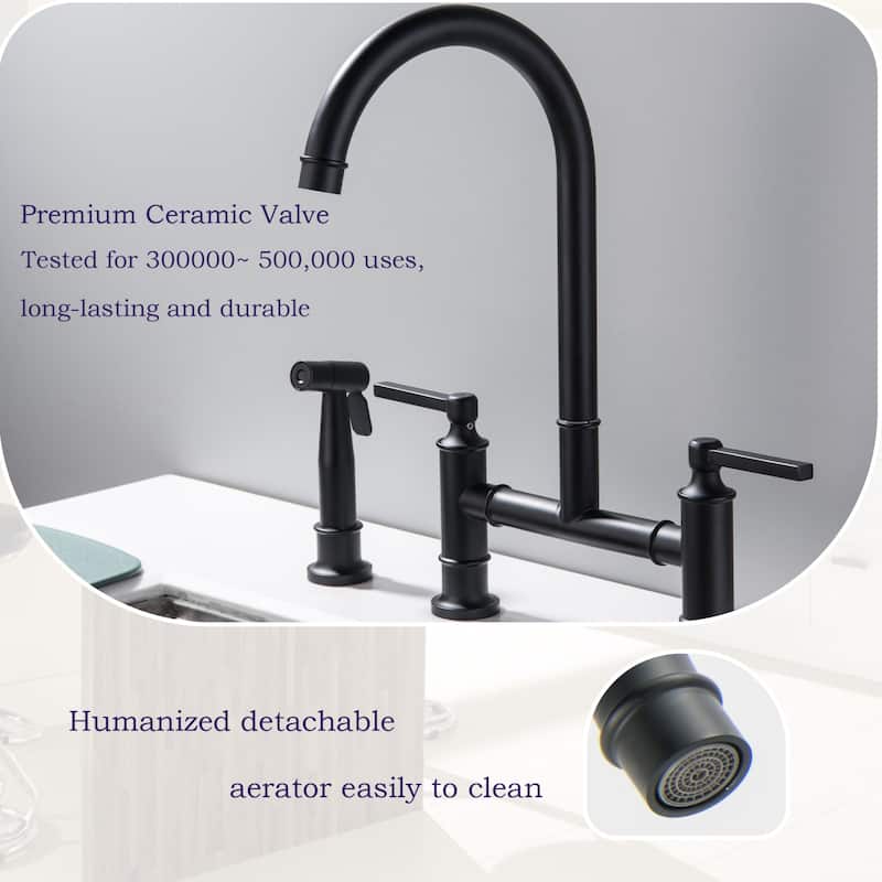 Farmhouse 2-Handle Bridge Gold/Black Kitchen Faucet with 28'' Side Sprayer in Stainless Steel & Brass