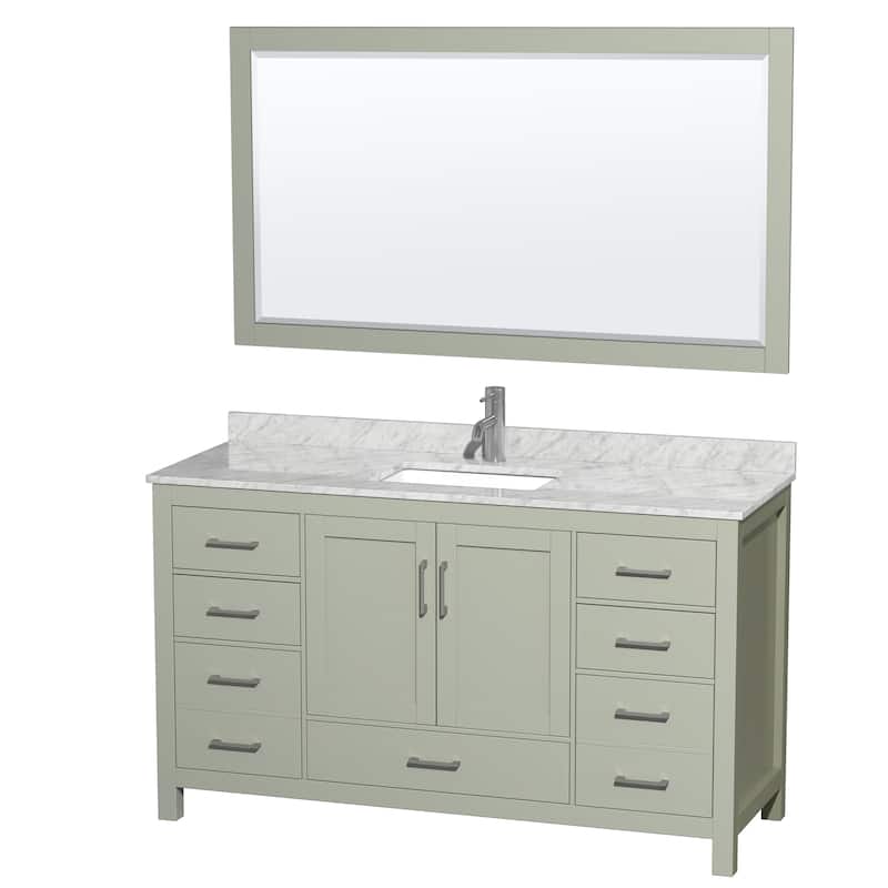 Wyndham Collection Sheffield Single Vanity Set, 58-inch Mirror - Light Green, White Carrara Marble Top, Nickel Trim