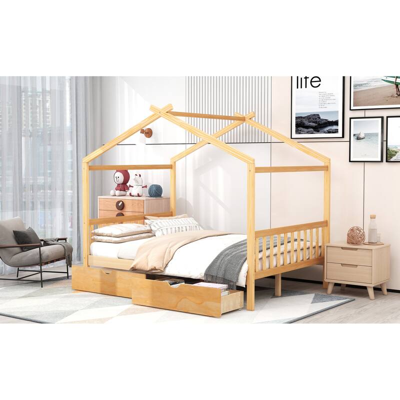 Full Size House Platform Bed with Storage Drawers, Roof, Headboard and Footboard