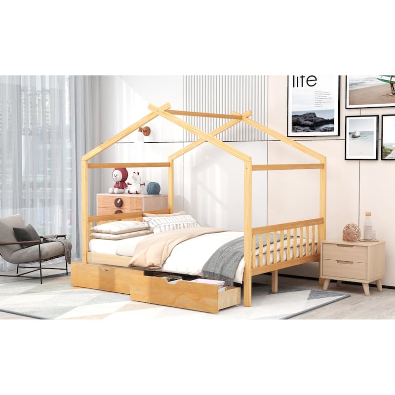 Modern Full Size House Bed with Fun Roof Design & Two Large Storage Drawers