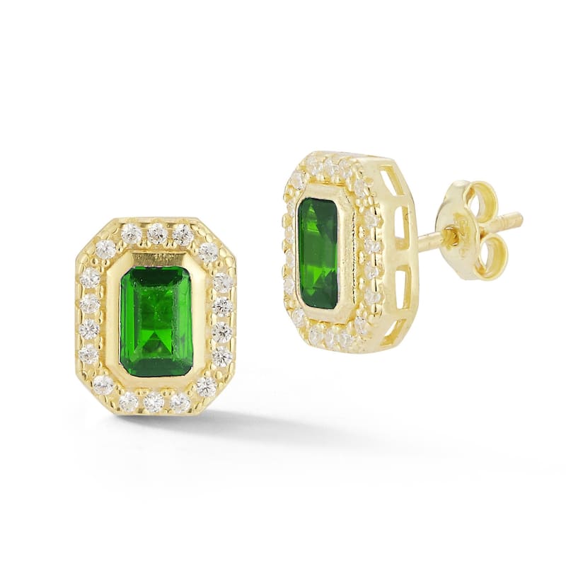 Soleil Sterling Silver Emerald Cut CZ Halo Studs - Yellow-Green