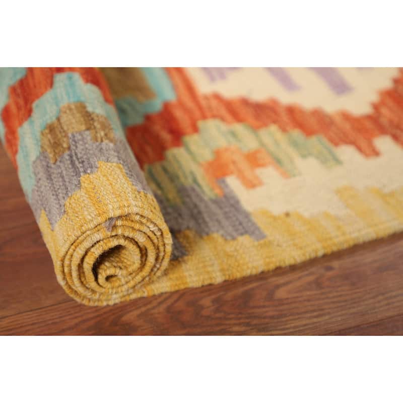 Colorful Geometric Kilim Reversible Area Rug Hand-Woven Wool Carpet - 5'0"x 6'5"
