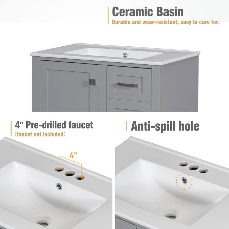 Single Sink Bathroom Vanity Cabinet, Vanity Base & Ceramic Sink Combo Set, 3 Drawers Bathroom Storage Cabinet, 30 Inch