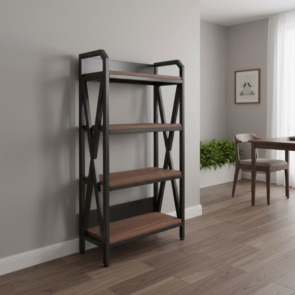 HomeRoots 56" Black And Brown Metal and Wood Four Tier Etagere Bookcase