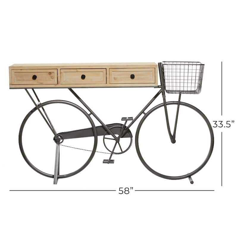Metal Bike 3 Drawer Console Table with Brown Wood Top - Black - Roche River Decor - 15"Wx58"Lx34"H