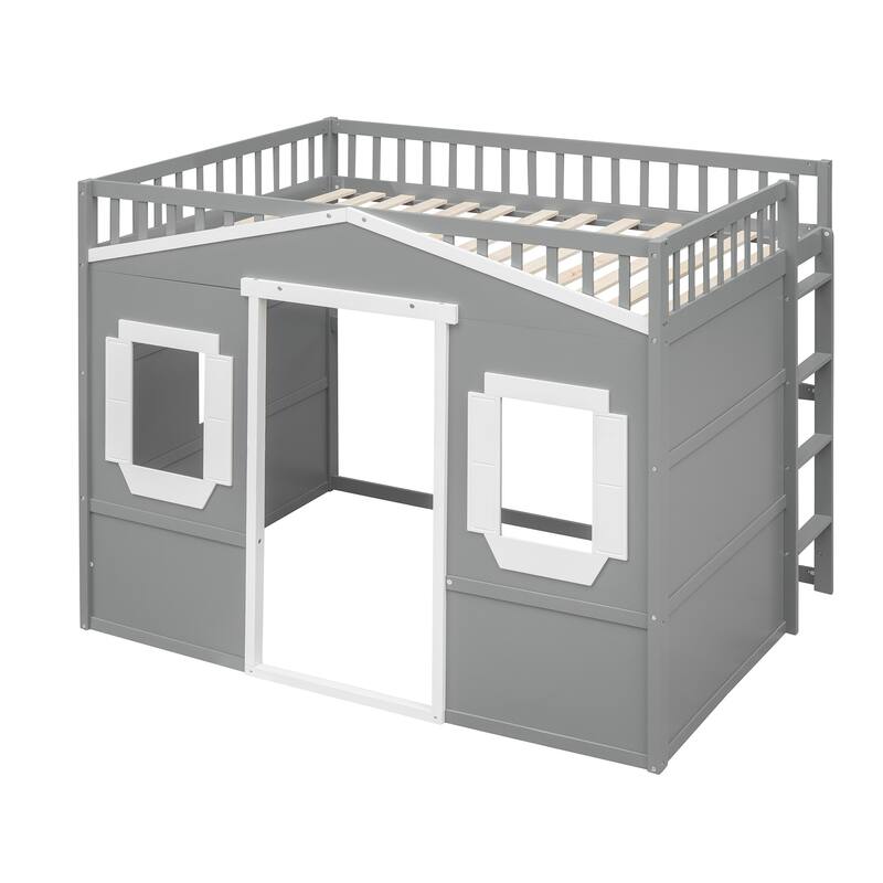 Full Size Loft Bed with Ladder in Gray and White Frame, Sturdy Pine Wood Construction