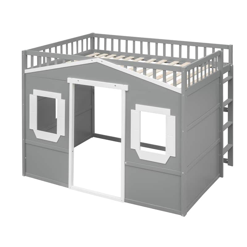 Gray/White Castle Style Solid Pine Wood Loft Bed with Ladder and Guard Rails