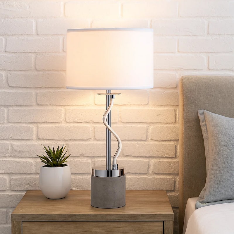 30 Inch Table Lamp, White Drum Fabric Shade, Modern Round Chrome Base