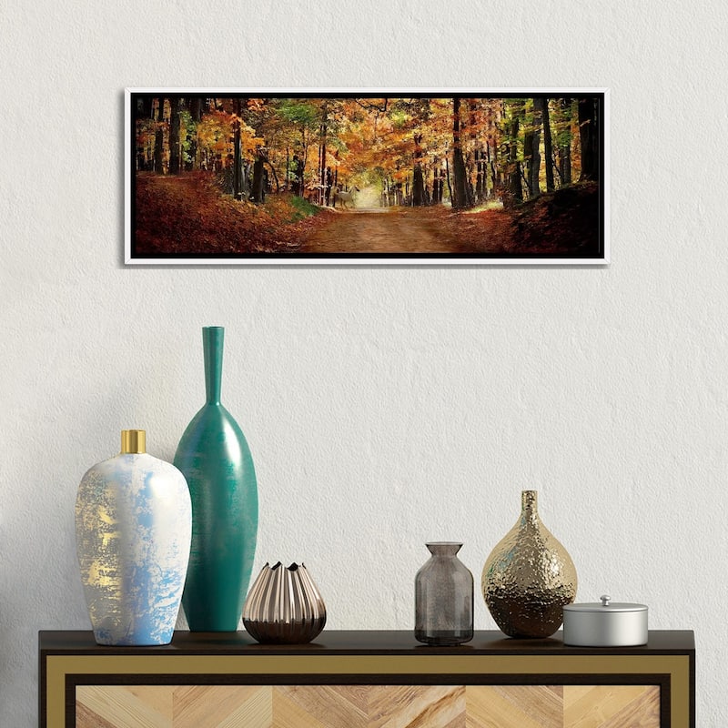 iCanvas "Horse running across road in fall colors" by Panoramic Images Framed Canvas Print