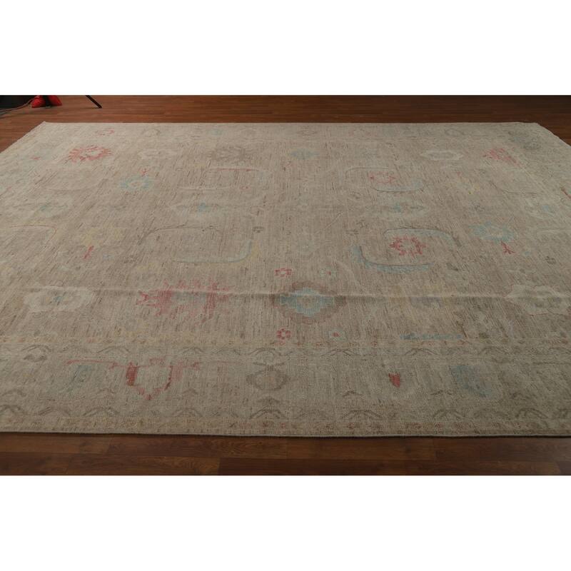 Hand Knotted Oriental 100% Wool Carpet Transitional All-Over Brown Oushak Area Rug - 13' 9'' X 10' 3''