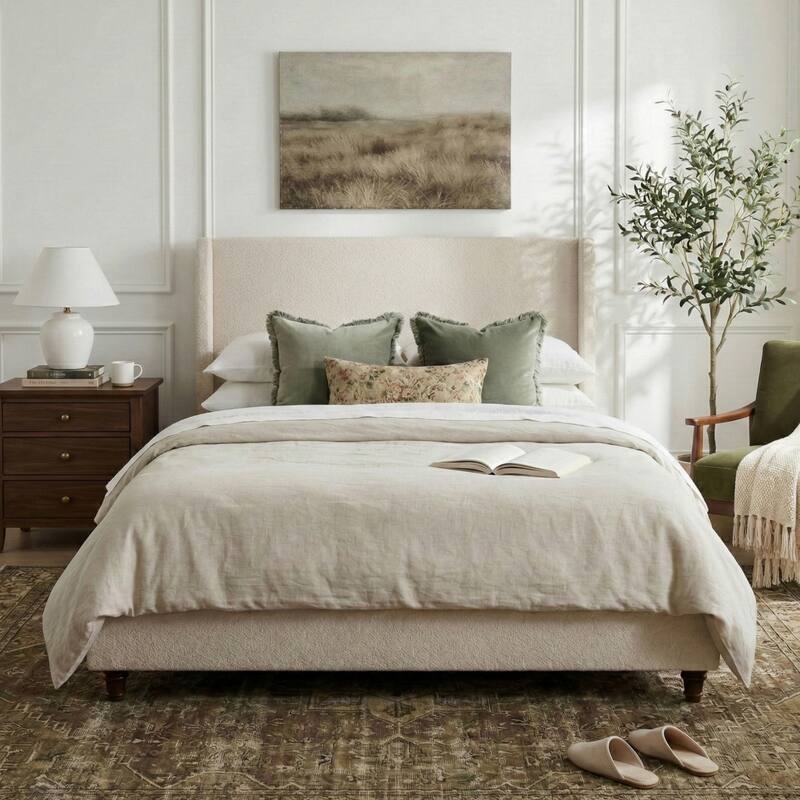 Christopher Knight Home - Modern 52.7" Tall Wingback Boucle Upholstered Platform Bed Frame with Solid Wood Legs & Slat Support