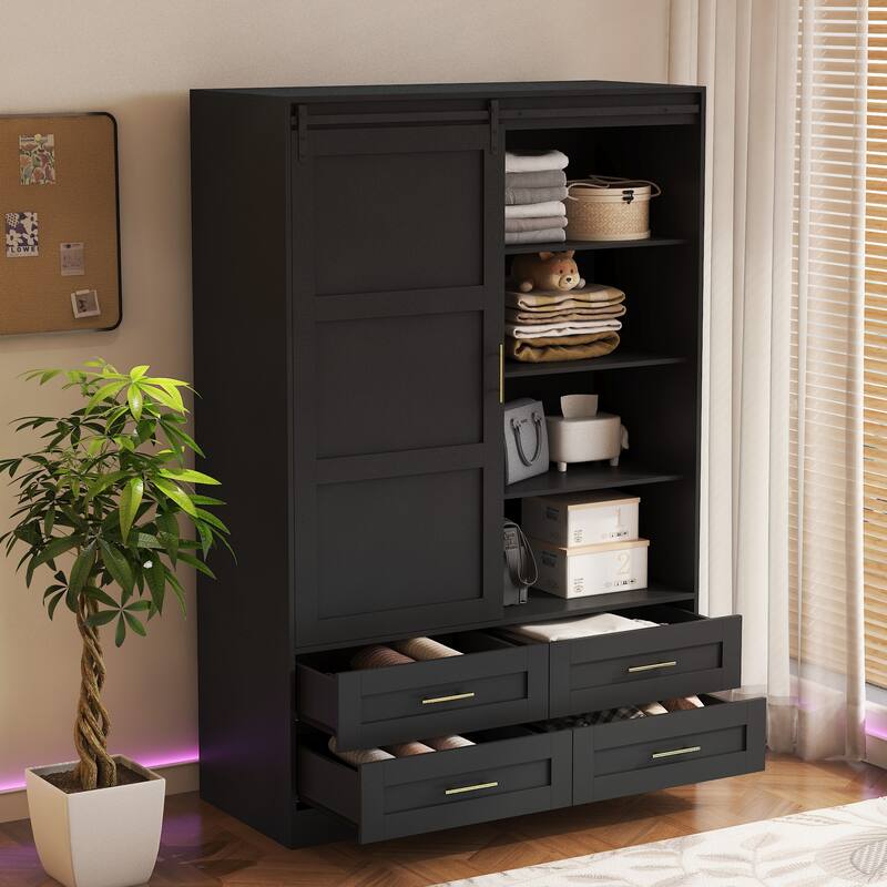Bedroom Tall Armoire Wardrobe Closet, Sliding Barn Door Clothing Storage Cabinet with Hanging Rod, Drawers & Open Shelves, Black