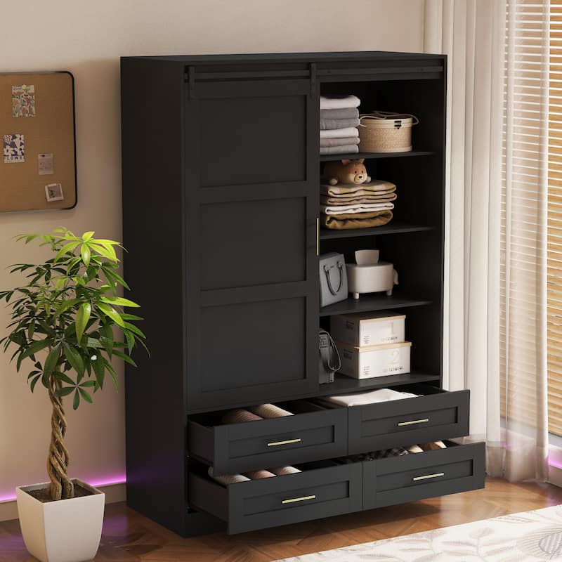 Tall Armoire Wardrobe - Barn Door, Hanging Rod, Drawers & Open Shelves, Clothing Storage Cabinet for Bedroom