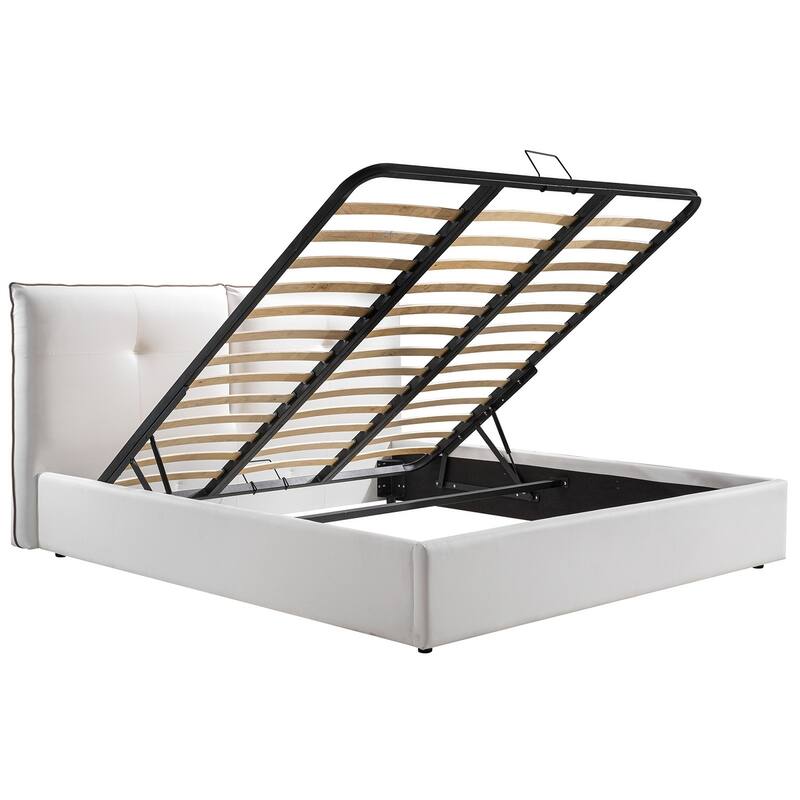 ARIA King in white pu-leather with taupe pu piping and storage.