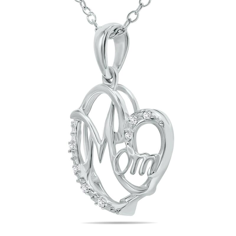 Marquee Cursive Mom Heart Diamond Necklace in .925 Sterling Silver