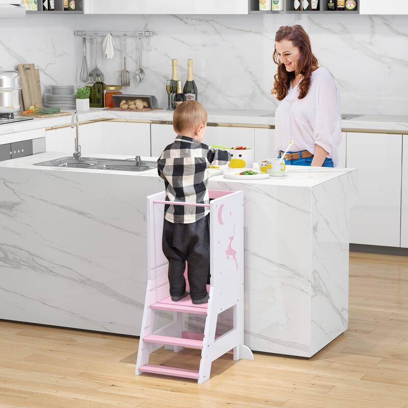 Toddler Kitchen Stool Baby Standing Tower with Chalkboard and Whiteboard - 19.5" x 14.5" x 34.5" - Pink