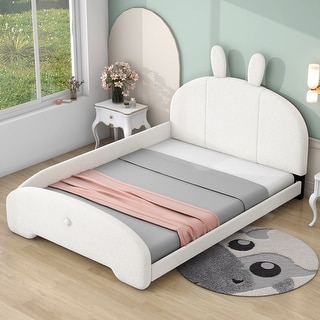 Full Size Upholstered Platform Bed with Cartoon Ears Headboard, White - Sturdy Frame & Comfortable Design for Kids