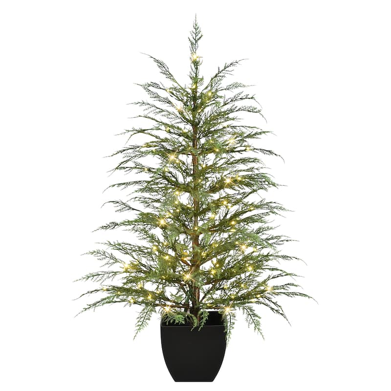 Puleo International 4 ft. Pre-Lit Potted Mountain Cedar Artificial Christmas Tree - 4 Foot - Green