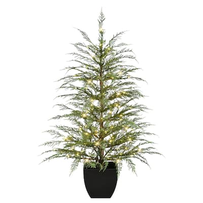 Puleo International 4 ft. Pre-Lit Potted Mountain Cedar Artificial Christmas Tree