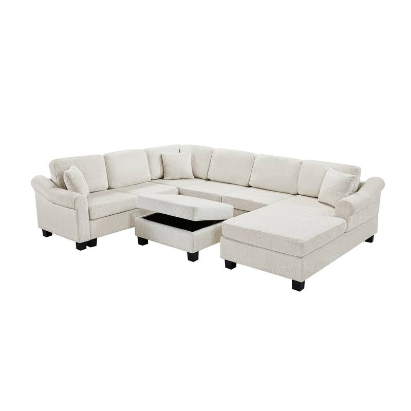 111.8" U-Shaped Chenille Upholstered Sectional Sofa with Movable Storage Ottoman