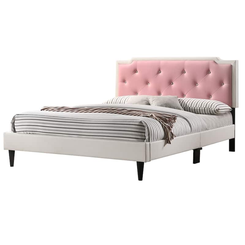 Upholstered Jewel Tufted Full Panel Bed - 81" - White and Pink