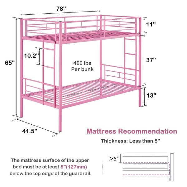 dimension image slide 3 of 7, VECELO Twin Over Twin Metal Bunk Bed Frame for Kids Teens, Heavy Duty Noise-Free Platform Bed, Storage Space