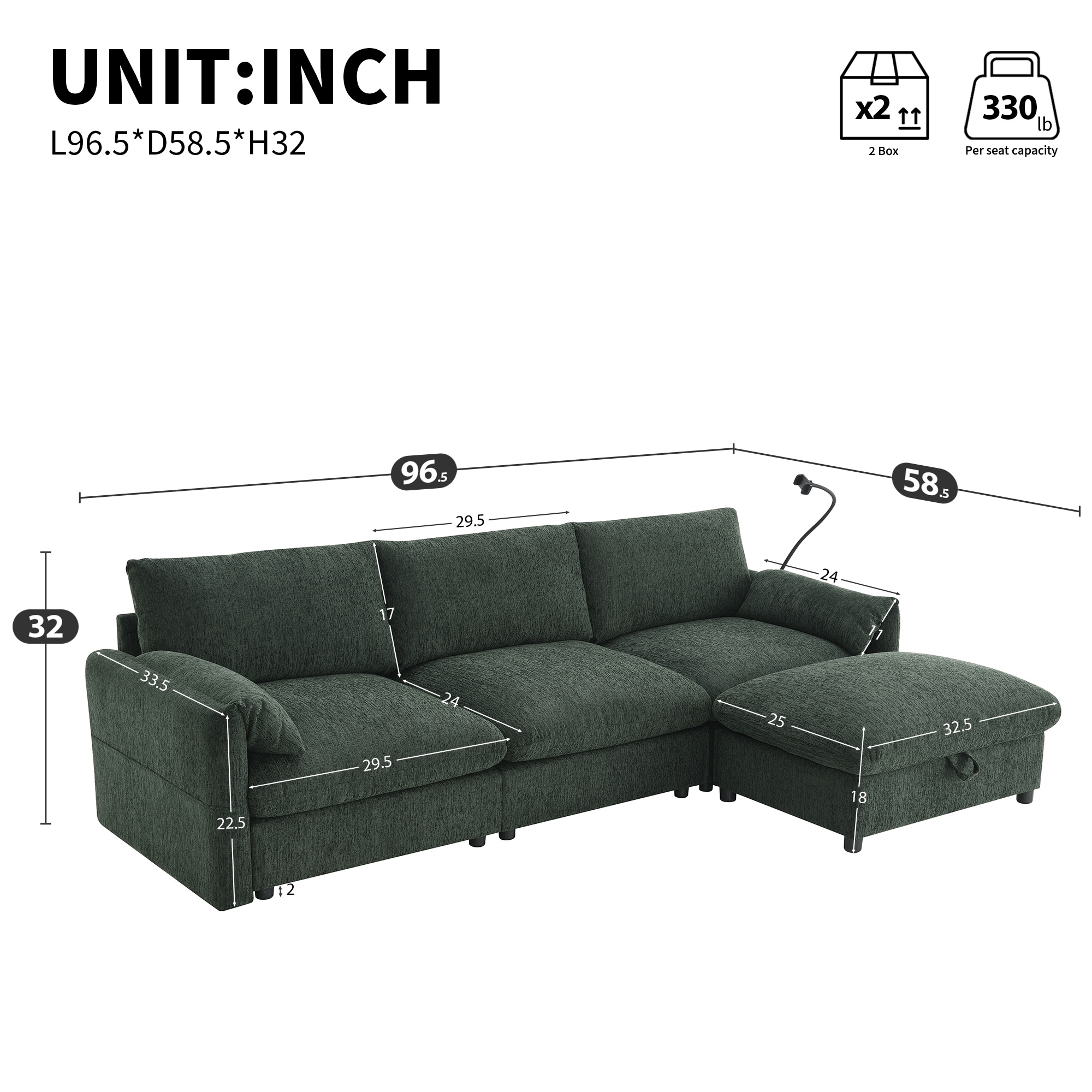 Chenille Sectional Sofa With Storage Ottoman Pockets Adjustable Phone Holder Wide Seat USB Charger