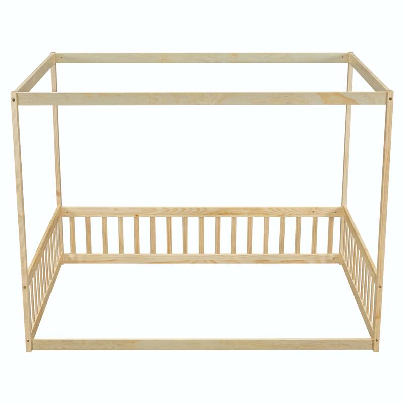 Full Size Canopy Frame Floor Bed with Fence, Guardrails,Natural