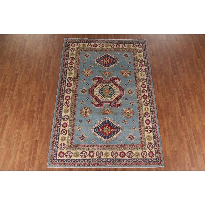 Hand Knotted Oriental 100% Wool Carpet Traditional Geometric Navy Blue & Blues Kazak Area Rug - 10' 0'' X 6' 9''