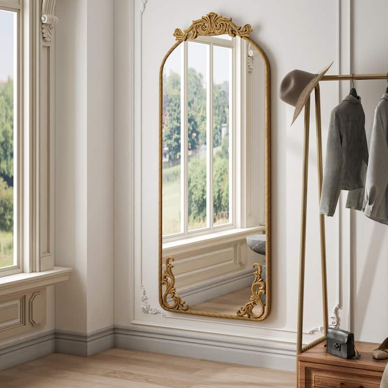 58"x24" Arched Full Body Mirror with Vintage Ornate Carved Applique on Top and Bottom, Hanging Wall Mounted Mirror,