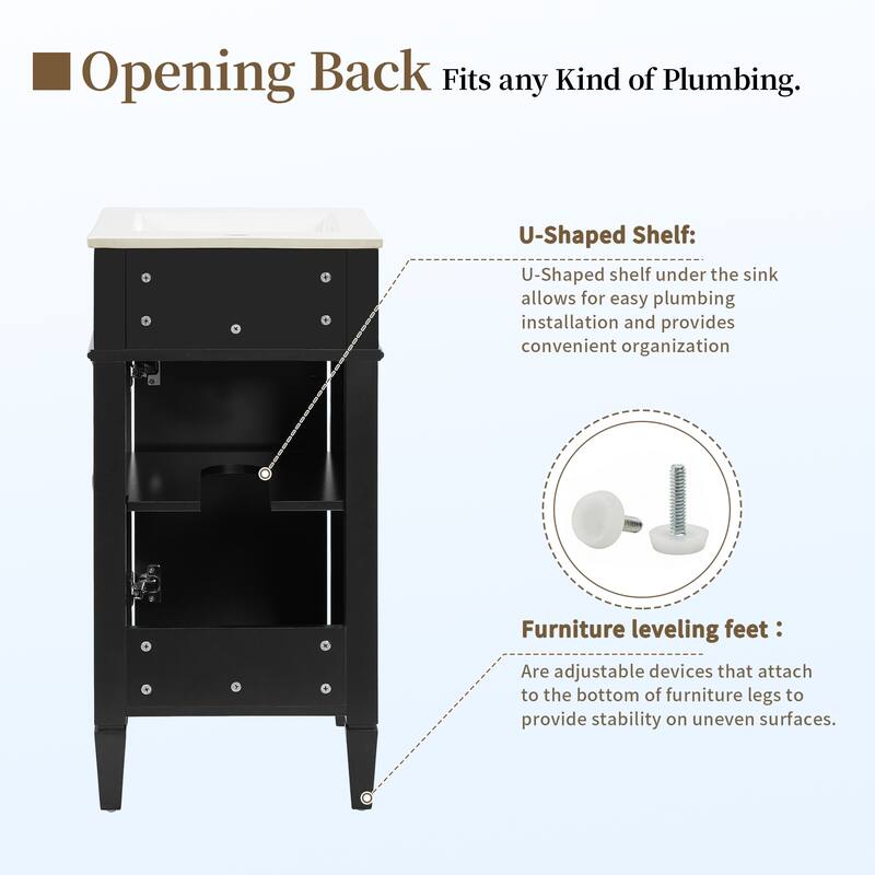 16 Inch Bathroom Vanity with Ceramic Sink, Freestanding Single Vanity, Soft Close Door, French Style Solid Wood Legs