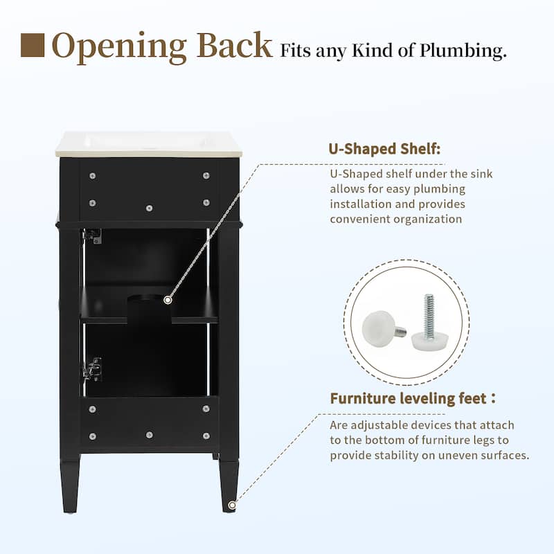 16-inch Freestanding Bathroom Vanity with Ceramic Sink - French Style Single Vanity with Soft-Closing Door & Solid Feet